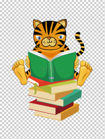 卡通手绘可爱老虎坐书本上看书
