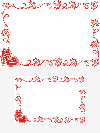 魚戲蓮花中國風剪紙紅色邊框