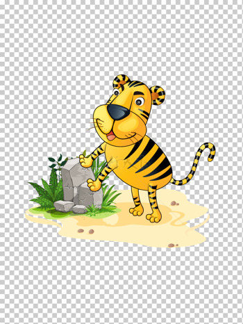 卡通黄色的小老虎在草丛爬石头观看设计