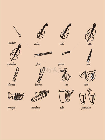 各类乐器手绘线稿图