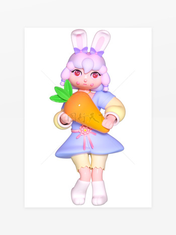 3d立体卡通中秋节抱着胡萝卜的玉兔仙女人物元素