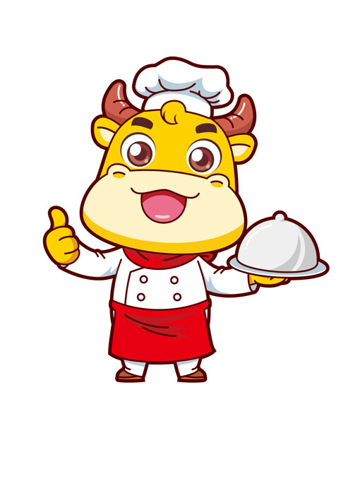 卡通可爱小牛厨师端菜
