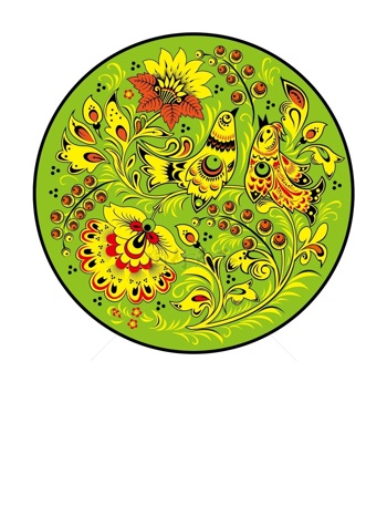 传统 欧式俄式 圆形花卉图案背景贴图 绿地双鸟黄色枝蔓