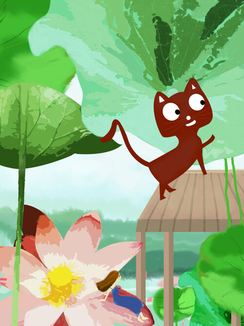 夏季插画—夏天荷花小猫攀登游玩