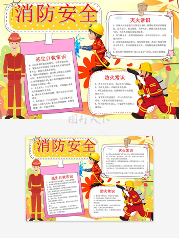 消防安全主题卡通消防员插画元素手抄报